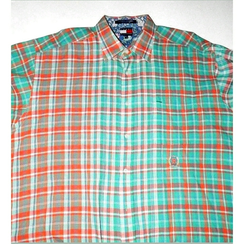 Vtg 90s Tommy Hilfiger
Mens XL
Plaid Green Orange